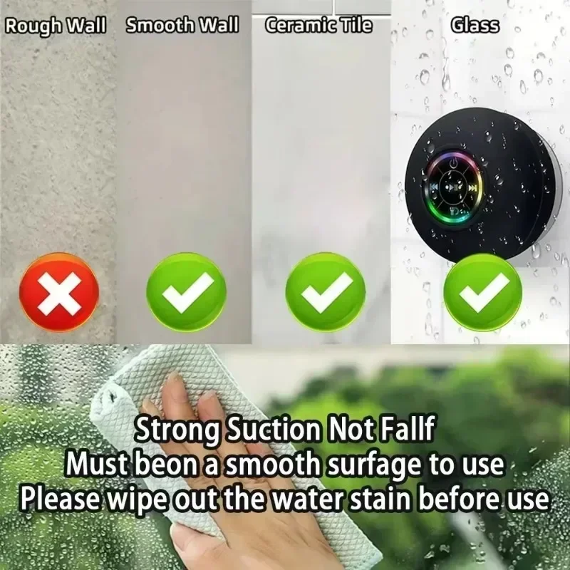 Bluetooth Speaker Mini Portable Audio IPX4 Waterproof Led Lights Bathroom Outdoor Large Suction Cup Adsorbed Wall