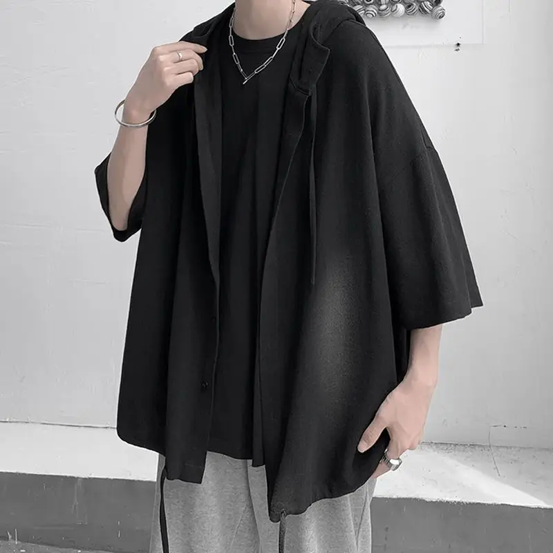 Men's Plus Size Hooded Loose Blouse Summer New Short Sleeve Solid Color Lacing Button Shirt Tops Casual Fashion Men Clothing