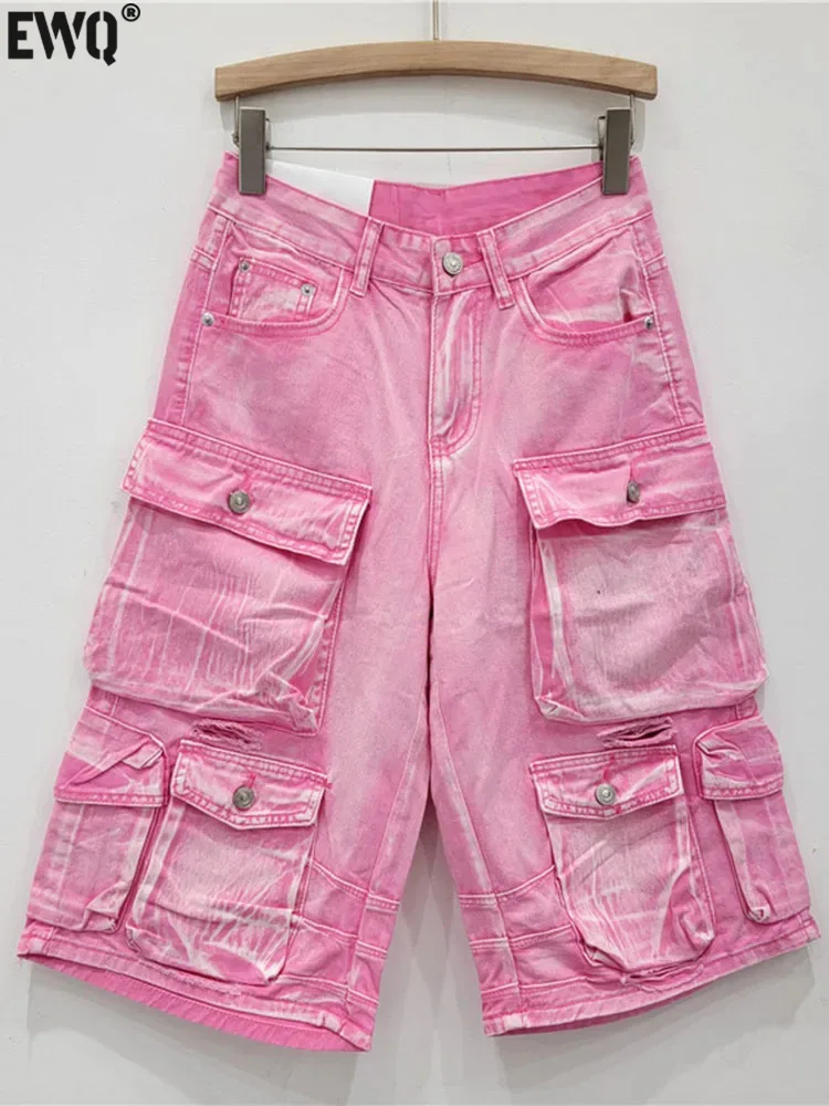 

[EWQ] High Street Multi Pockets Fashion Washed Denim Shorts Loose Perforated Capris Bottom For Women 2024 Spring Summer 16U9574