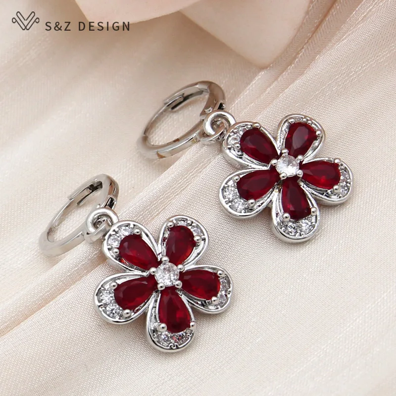 S&Z DESIGN New Fashion Cubic Zirconia Red Flowers Dangle Earrings Jewelry Sets For Women 585 Rose Gold Color Pendant Necklace