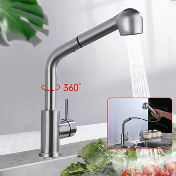 360 °   Rubinetto per lavello retrattile rotante Pulsante acqua calda e fredda Valvola in ceramica Rubinetto da cucina in acciaio inossidabile con doccia 1