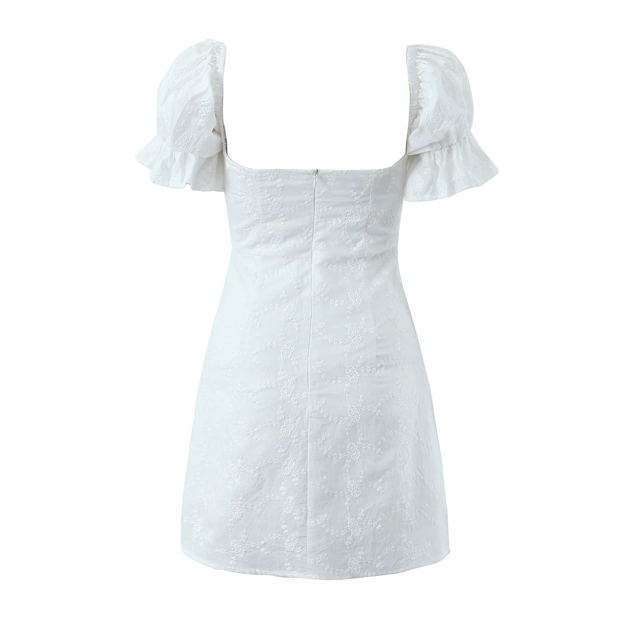 Women’s White Embroidery Short Puff Sleeve Mini Dress With Lace And Square Collar Detail