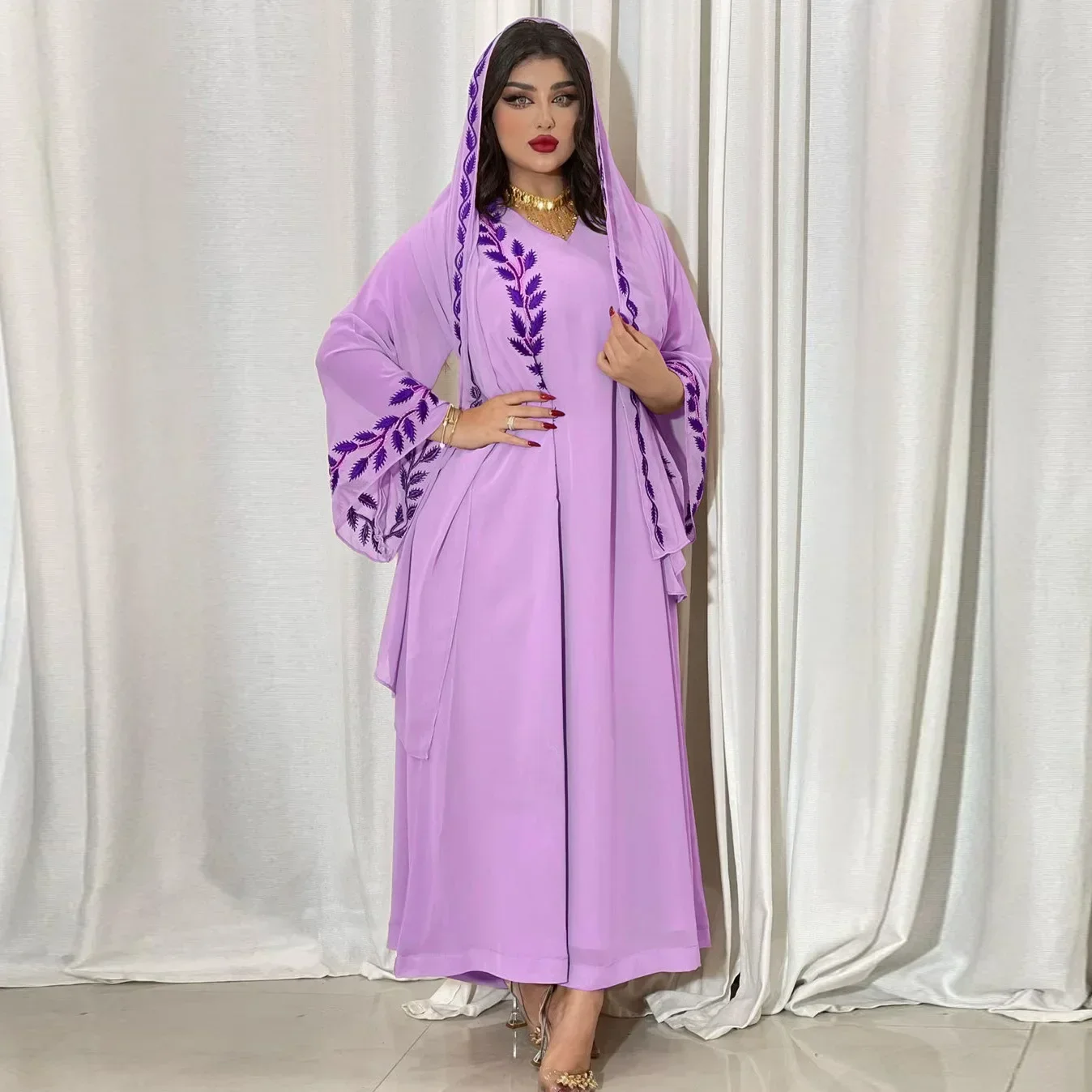 Summer Muslim Hijab Dress Women Abaya with Scarf Elegant V Neck Floral Embroidery Moroccan Kaftan Robe Islam Casual Abayas Dubai