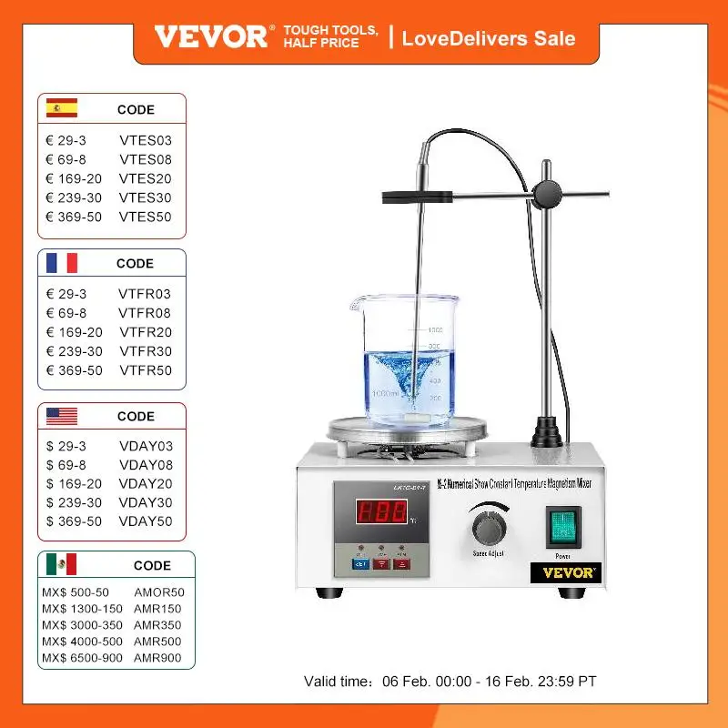 VEVOR Mezclador Magnético con Placa Calefactora 85-2, 1000 ML Agitador Magnético, 300 W con Pantalla Digital de Temperatura y Velocidad Ajustables, 2400rpm Adecuado para Laboratorio