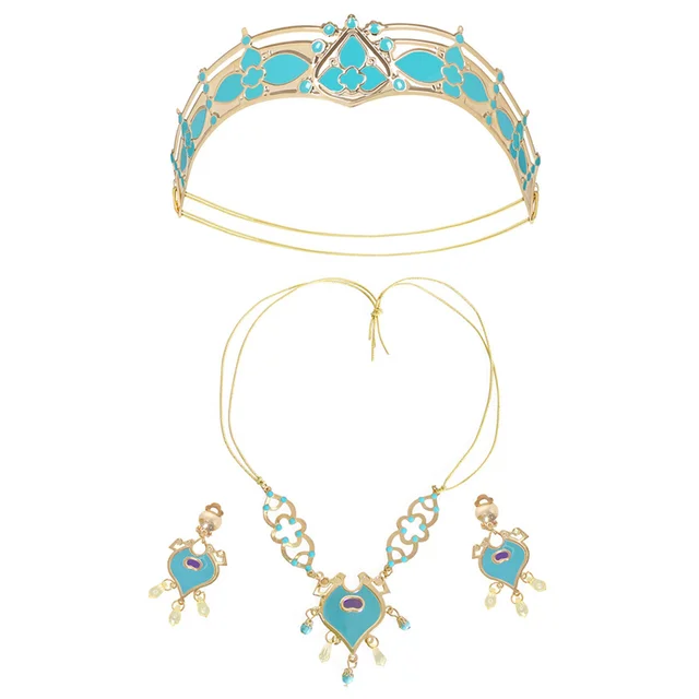 Girls Princess Jasmine Accessory Party Tiara Crown Necklace Earrings Gloves Set Magic Lamp Synthetic Hair Kids Jasmine Dress up 6