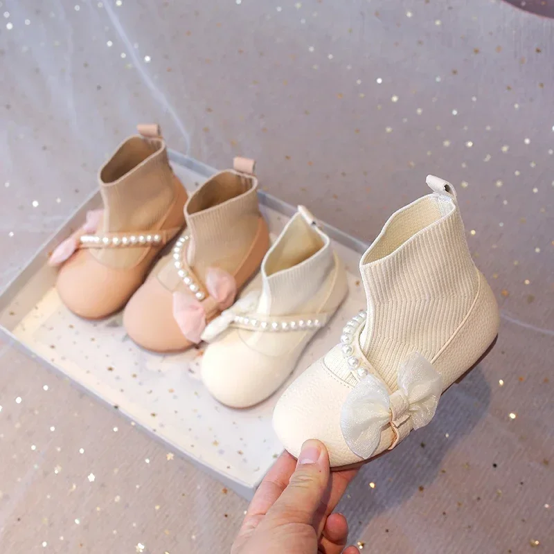 Girls Princess Boots 2025 Autumn Winter Brand New PU Leather Lace Bow-knot Sweet Soft Kids Ankle Boots Socks Style Slip-on Soft