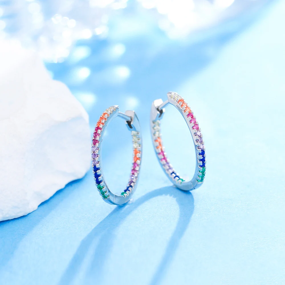 QooLady Multicolor Rainbow Round Hoop Earrings for Women 925 Sterling Silver Cubic Zirconia Daily Party Jewelry Gifts SE032 2