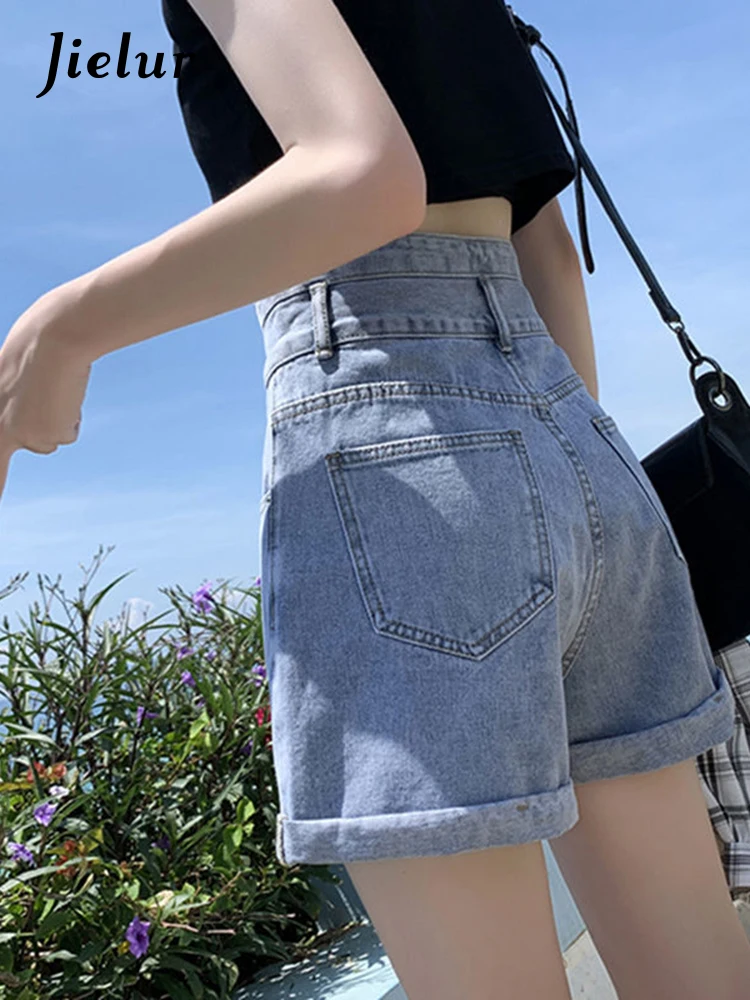 

Jielur Vintage Casual Elegant Fashion Sexy Wide Leg Korean High Waist Summer Women Jean Denim Shorts Female Clothing Short Pants