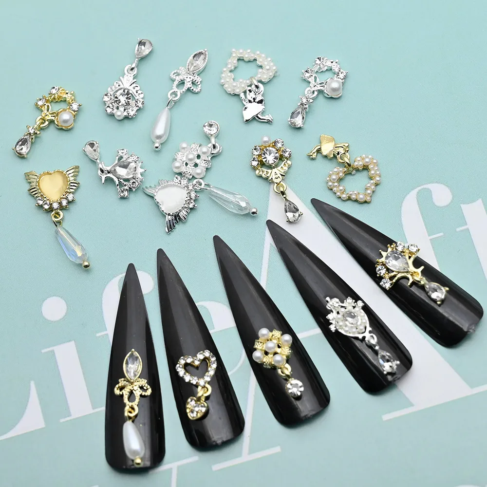 10Pcs 3D Dangle Nail Charms Nail Jewelry Rhinestones Heart Pearl Crystal Gems For Nail Art Decorations Metal Luxury Nail Charms