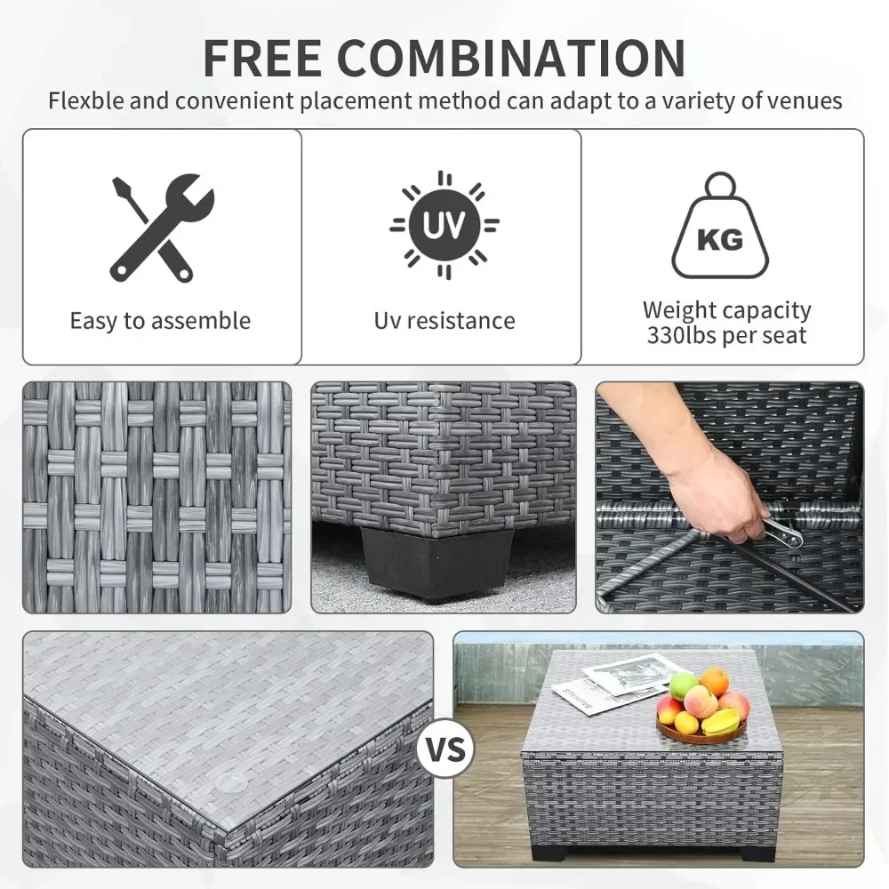 7-piece Outdoor PE Wicker Furniture Set, Courtyard Gray Rattan Segmented Sofa with Washable Deep Blue Cushion 4