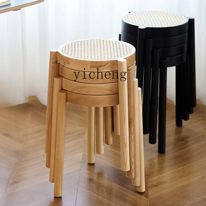 

Tqh Solid Wood Stool Dining Table Light Luxury Rattan Woven round Stool Stackable Stacked Shoes Changing Small Bench