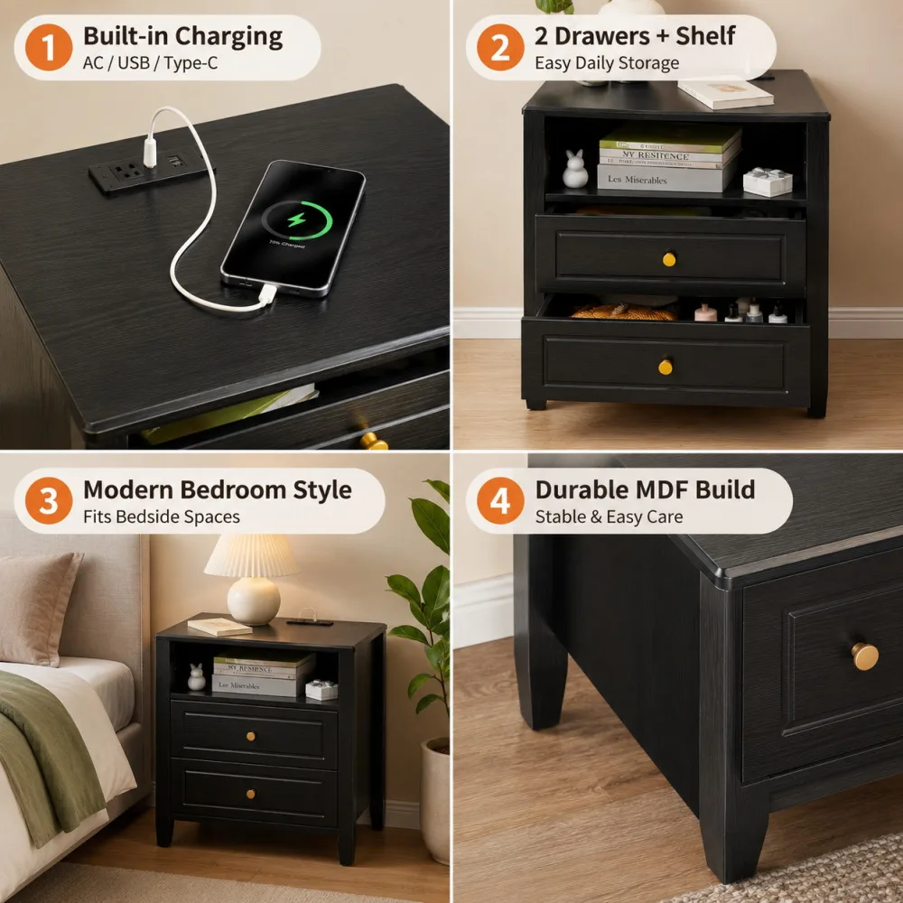 Nightstand with Charging Station 2 Drawers and Open Shelf Modern Bedside Table End Table with USB Type C Port AC Outlet Farmhouse Storage Cabinet for Bedroom Living Room Dorm Black 4 Nightstand with Charging Station 2 Drawers and Open Shelf Modern Bedside Table End Table with USB Type C Port AC Outlet Farmhouse Storage Cabinet for Bedroom Living Room Dorm Black 4
