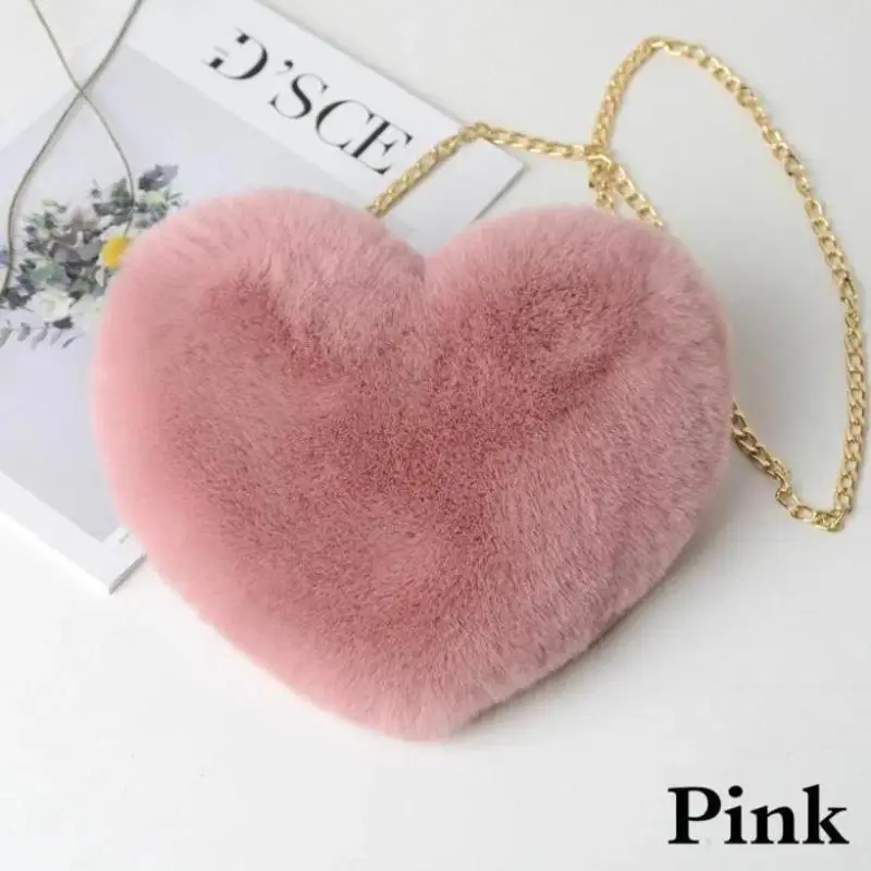 Fashionable Imitation Rabbit Hair Heart-shaped Bag Women's Handbag Shoulder Bag Cute Solid Color Crossbody Plush Heart Chain Bag