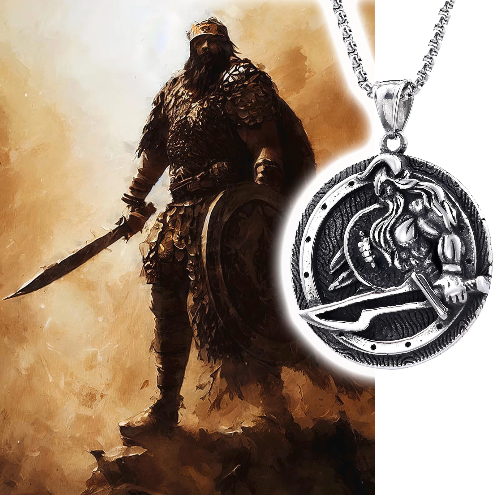 Viking Warrior Necklace Stainless Steel Men Chain Punk Rock Hip Hop Rap for Biker Rider Male Jewelry Gift