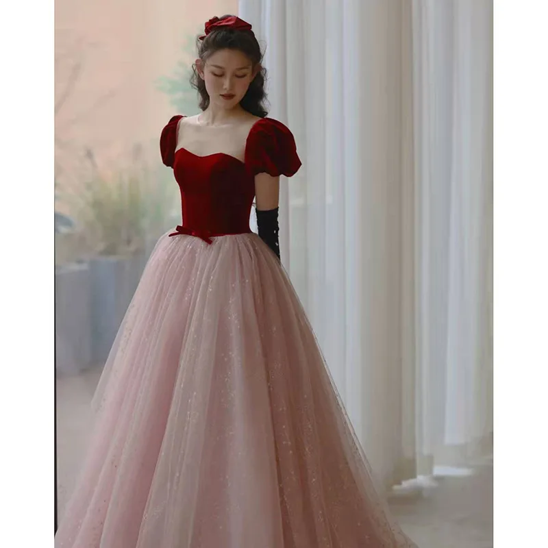 

Sweet Burgundy Vintage Evening Dresses Long Tulle Short Sleeves Elegant Robe Soiree Longue Floor-length Bow Luxury Evening Dress