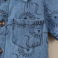 Summer New Short sleeved Polo Collar Single breasted Cartoon Little Lion Printed Denim Shorts jumpsuit for small and medium-size 4
