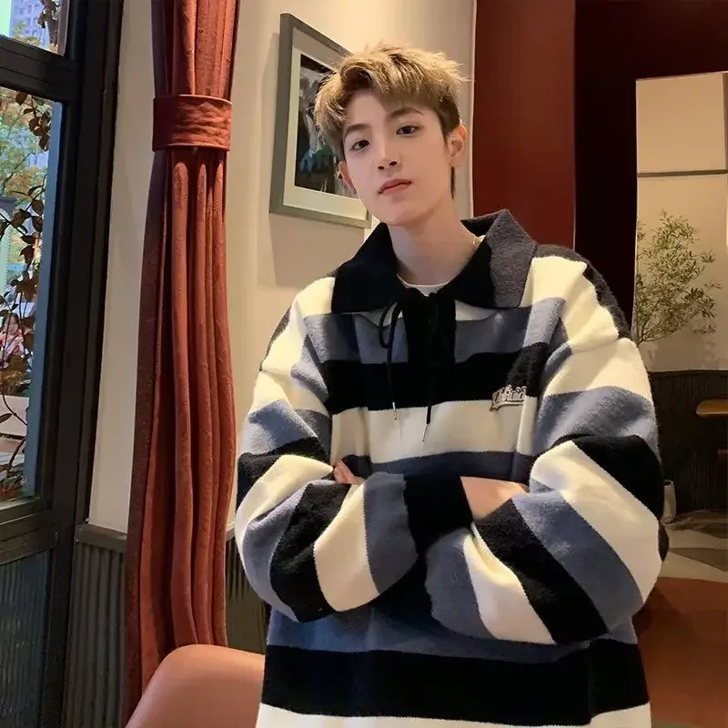 Polo neck sweater men's autumn and winter new trend handsome and versatile striped knit shirt niche design trendy brand y2k tops