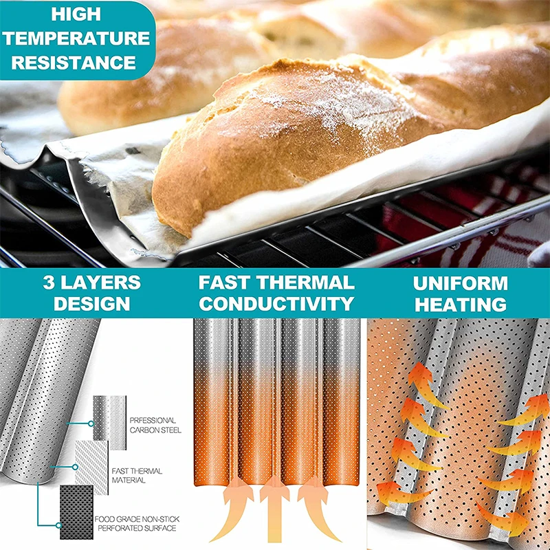 LMETJMA Nonstick Perforated French Bread Baking Pan Carbon Steel Baguette Pan French Bread 4 Wave Loaves Loaf Bake Mold JT158 BEST SELLERS