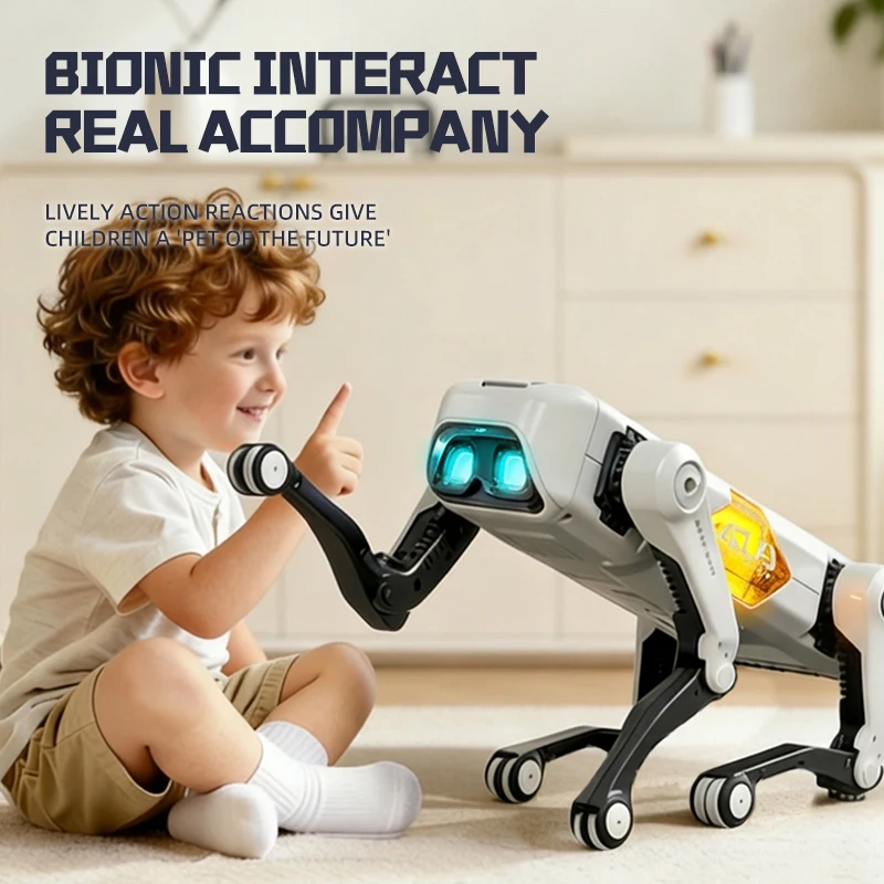Chien robot bionique effectuant une pirouette, démontrant sa flexibilité et son design réaliste.