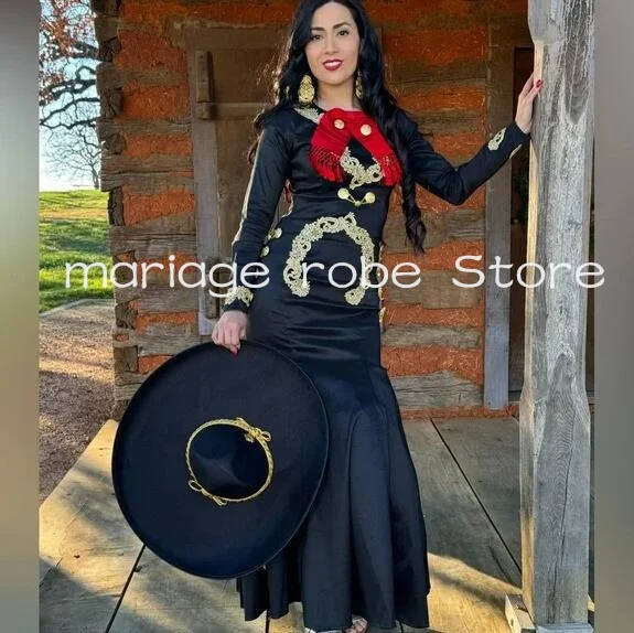 Traje de mariachi negro, vestidos de graduación Charro, manga