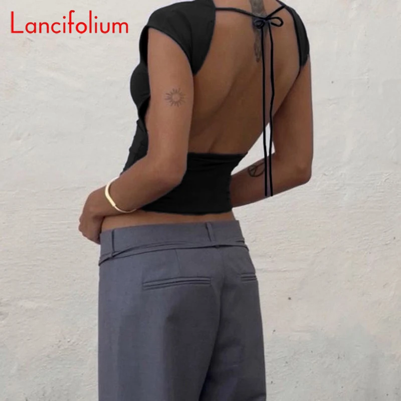 

Black White Solid Sexy Slim Big Backless Tees Summer Sleeveless Crop Top Tshirts Y2k 90s Bandage Vintage Tank T Shirt Women 2023