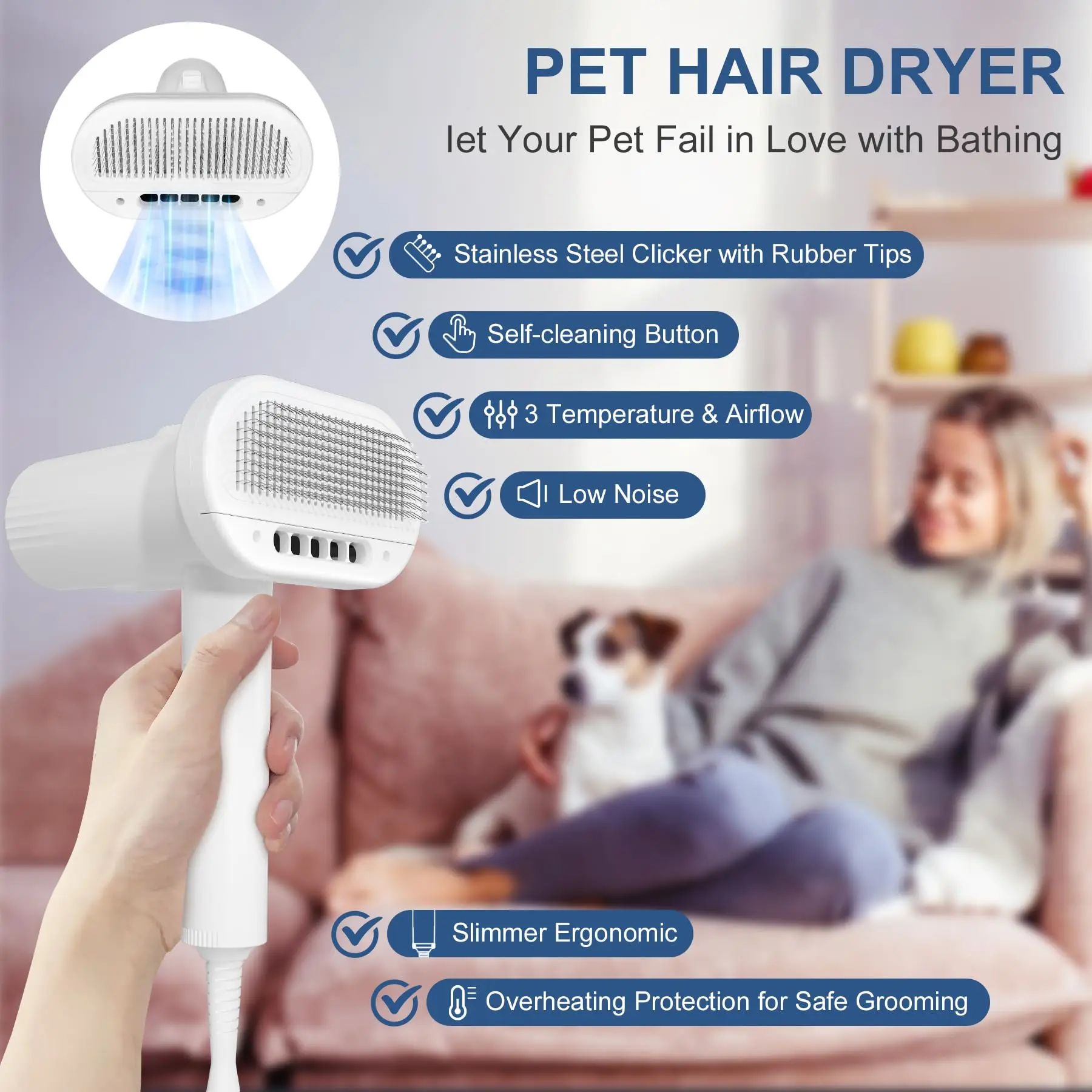 2-in-1 Dog Dryer and Brush-Pet Grooming Dryer with Overheating Protection 3 Blowing Modes Slimmer Handle Low Noise for Dog Cat pet hair dryer