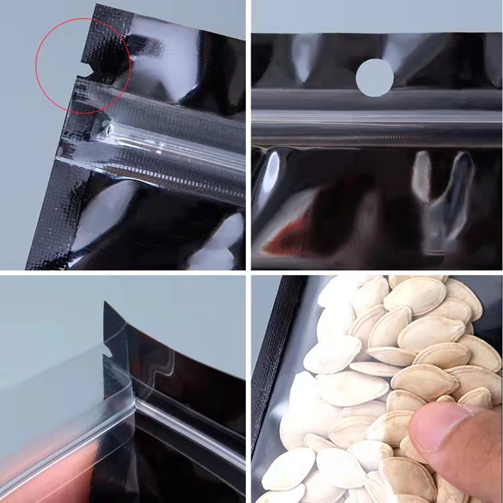 100Pcs/Lot Aluminum Foil Zip Lock Food Storage Bags Hang Hole Tear Notch