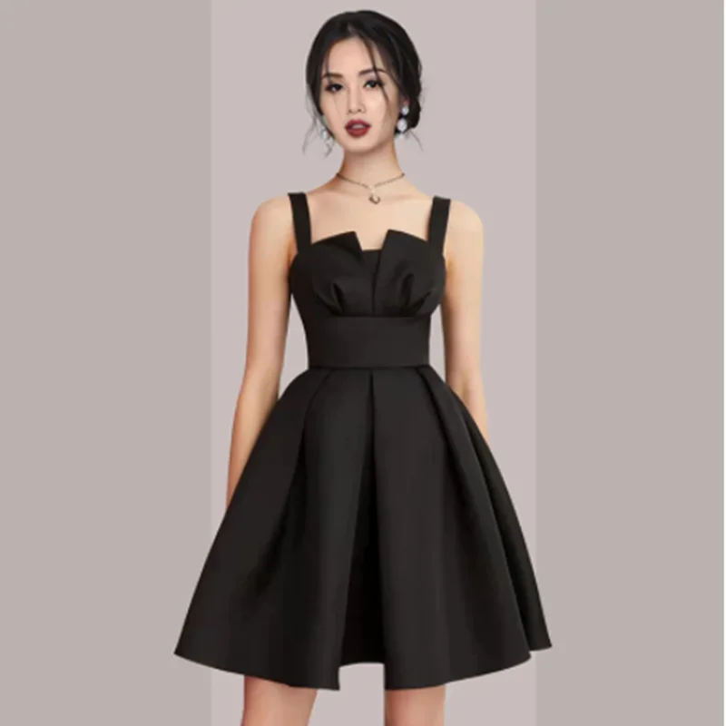 

2023 Summer High Quality Summer Black Party Night Dresses Slim Waist Lady Retro Sleeveless A Line Sexy Spaghetti Strap Women