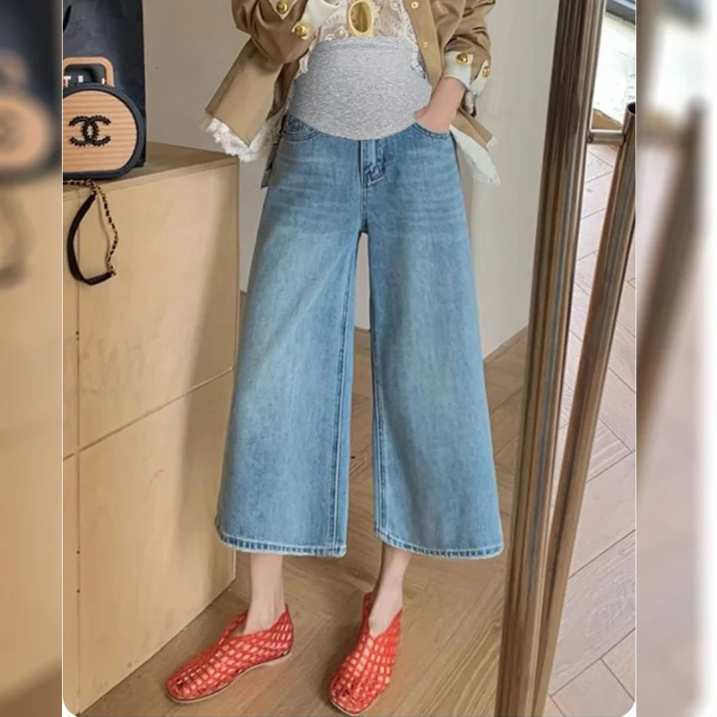 임산부용 청바지 루즈핏 와이드 레그 팬츠 플러스 사이즈 여름옷 작은 복부 지지 팬츠 면 폴리에스터 사계절용
