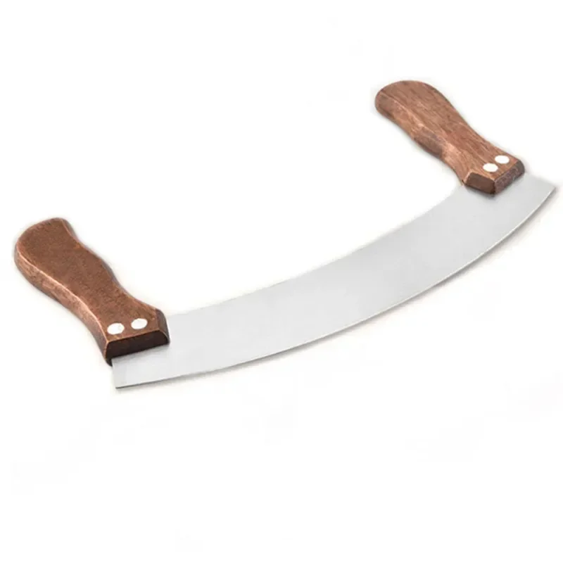 Stainless Steel Vegetable Nougat Knife Home Herb Pizza Cutter with Double Wooden Handle Kitchen Cutting Chopping Baking Tools food processor accessories