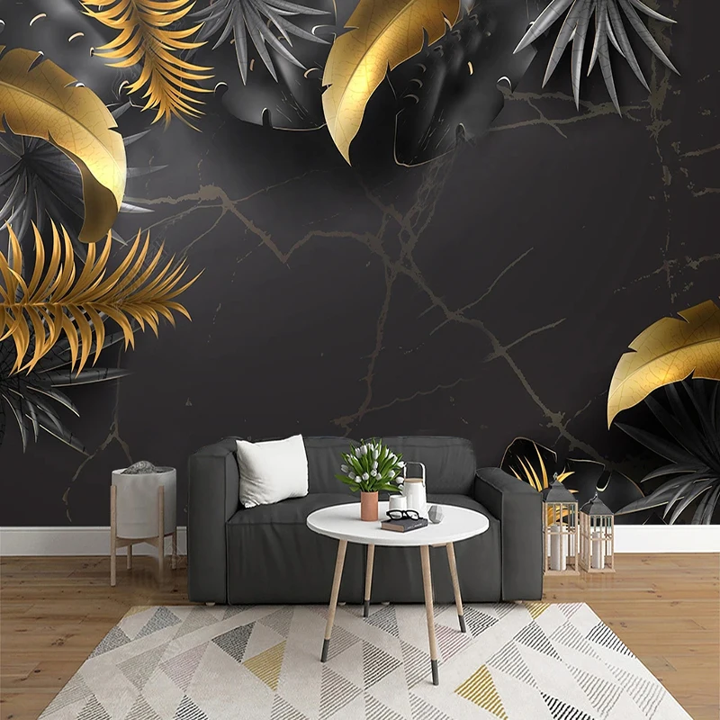 Papel de Parede Nórdico Personalizado para Sala de Estar Adesivo Impermeável Mural para Quarto Preto Marmoreio Tropical Preto Folha de Ouro Foto