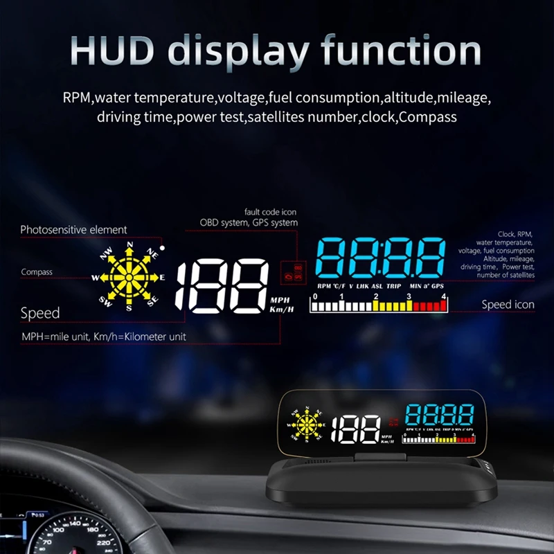 HUD C5  ÷, OBD2 + GPS ӵ, ڵ   ӵ , KMH/KPM,   ȣȯ 