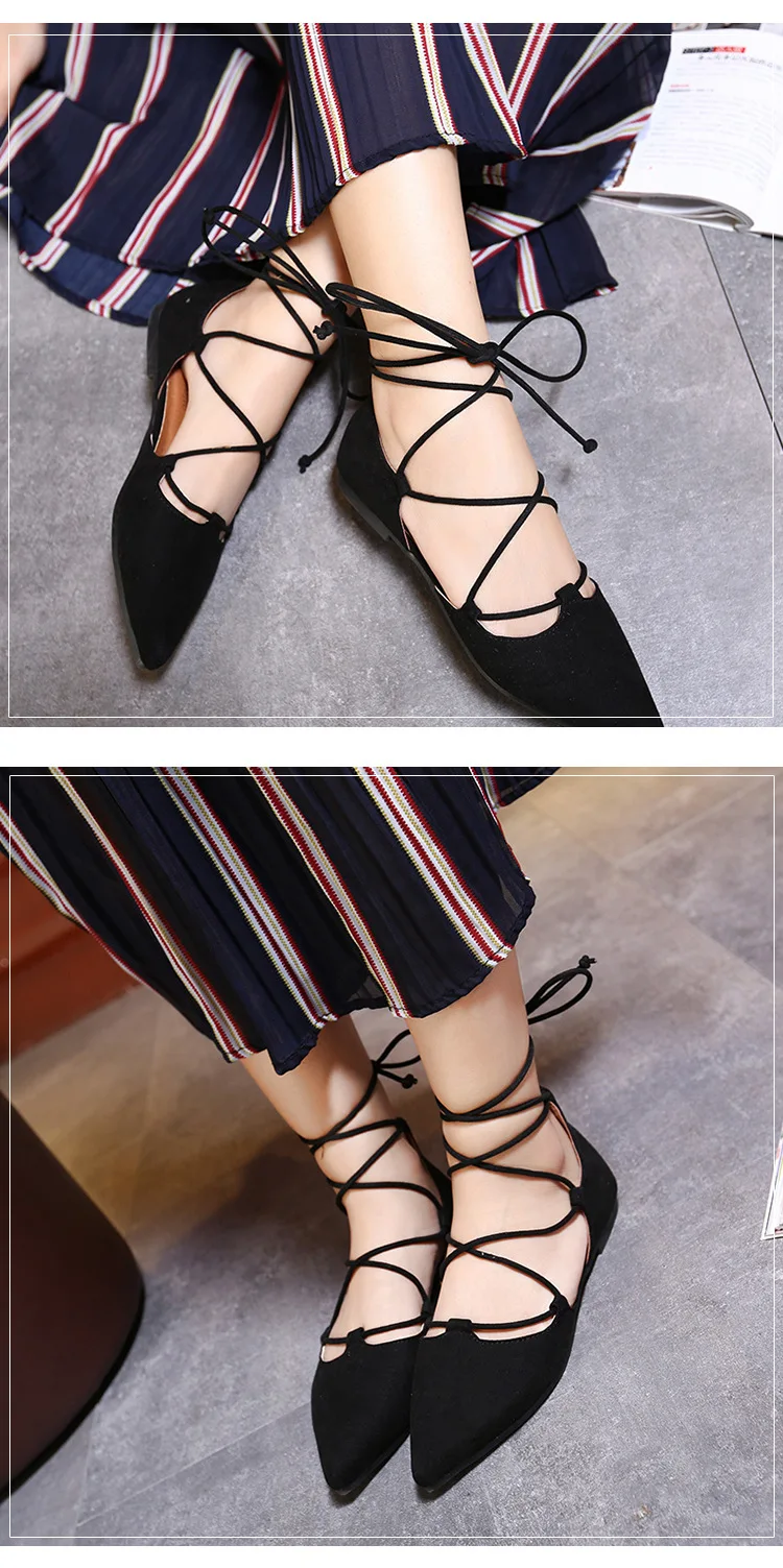 sexy cross-tied gladiator summer shoes woman pointe toe cut out flat lace up ballet flats Roman style D'orsay shoes big size 43