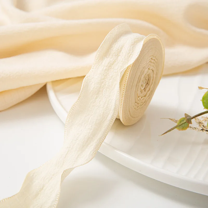 Elegant Wrinkled Lace Edge Silk Ribbon - 10 Yards for DIY Crafts and Decorative Projects
