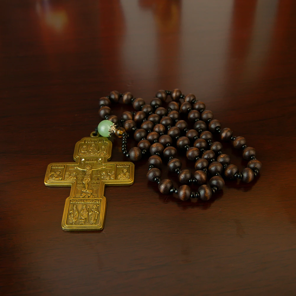 HTISOK Orthodox Necklace With Wooden bead chain Crucifix Gold Wooden Rosary Beaded Chain Religious Jesus Prayer Jewelry
