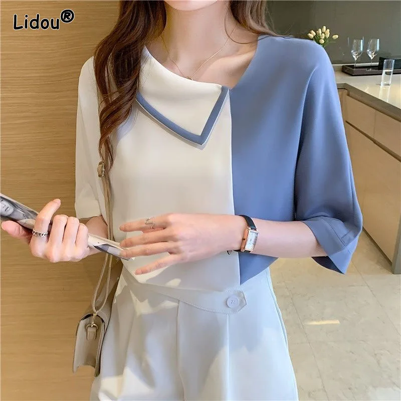 Premium Thin Chiffon Patchwork Office Lady Slim Women Shirt Spliced Skew Collar Temperament Pullover Summer Women's Clothing