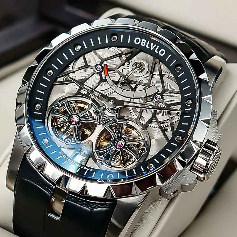 OBLVLO Orologio automatico di lusso, quadrante scheletro blu, cassa in oro rosa, cinturino in pelle, VM-Q-PLLL, Lusso