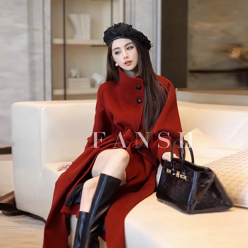 

Новинка Осень-зима 2023, модное универсальное шерстяное пальто средней длины в стиле знаменитостей для женщин