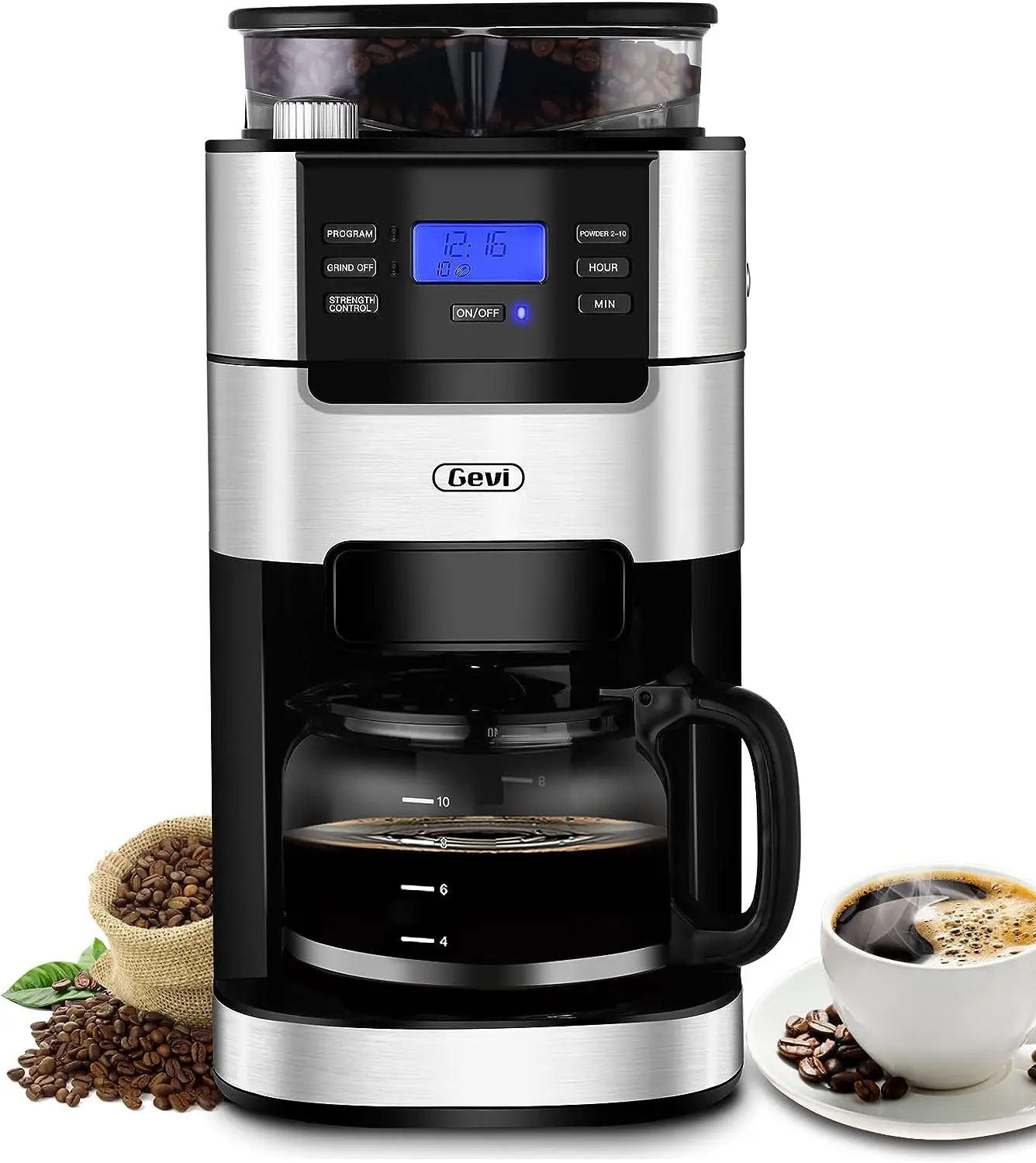 

Drip Coffee Maker, Brew Automatic Coffee Machine with Built-In Burr Coffee Grinder, Programmable Timer Mode and Keep Warm Plate,