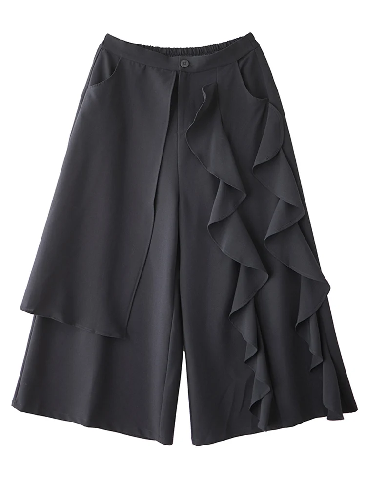 Black Vintage Spliced Ruffles High Waist Wide Leg Pants Women New Loose Casual Trousers Fashion Streetwear Spring Autumn 2025