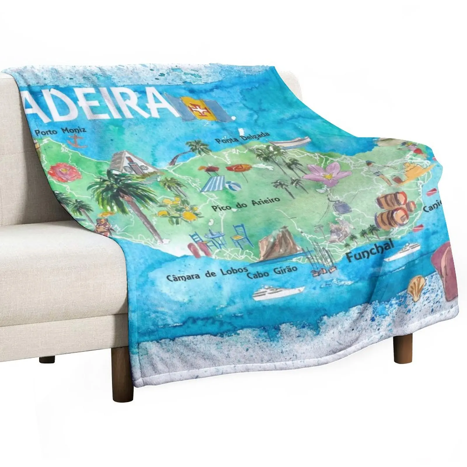 

Madeira Portugal Island Illustrated Map with Landmarks and Highlights Throw Blanket For Sofa bed plaid