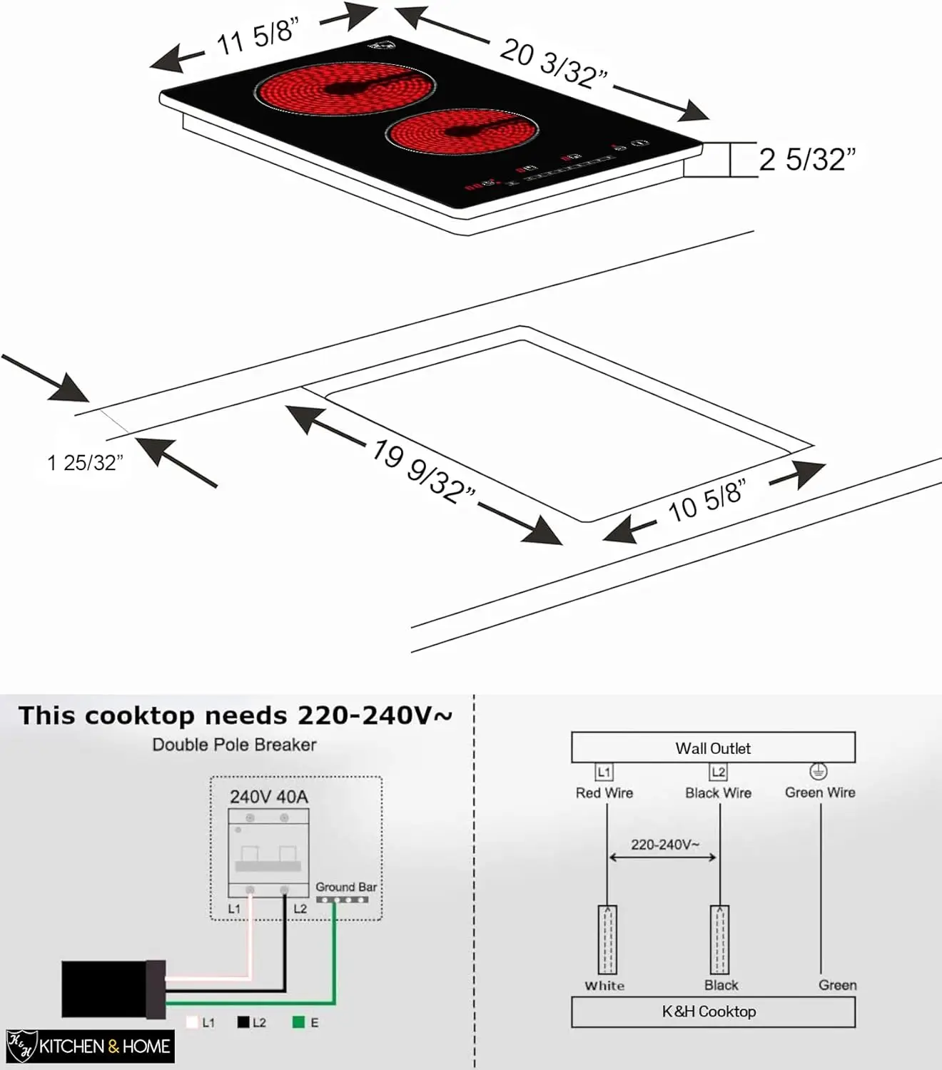 2 Two Burner Dual 12 Inch Built-in Electric Stove Top Radiant Ceramic Cooktop Sensor Touch Control 240V 3000W