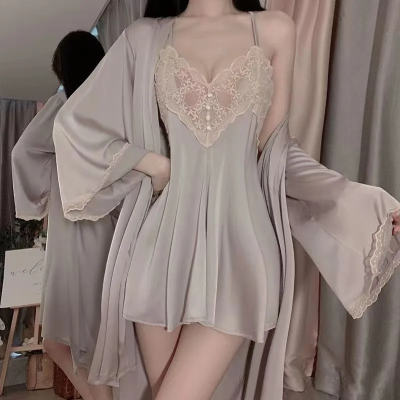 

2024 New Spring Sleepdress Ladies Sexy Pajamas Ice Ribbon Chest Pad Pyjamas Lace Halter Lingeries Backless Patchwork Home Set