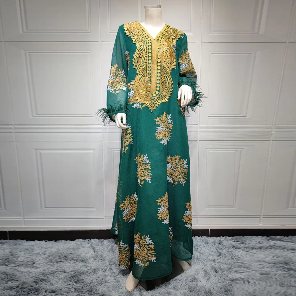 MD Muslim Dubai Abaya Islamic Clothes For Women Luxury Wedding Party Evening Gown Floral Embroidery Feather Boho Maxi Dress Bubu