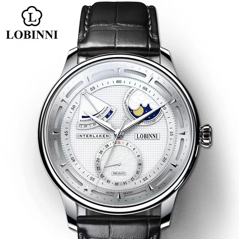 Lobinni Moon Phase Seagull Watch Mechanical Automatic Watches Mens Business Water Resistant Tianjin Movement Male Wristwatch