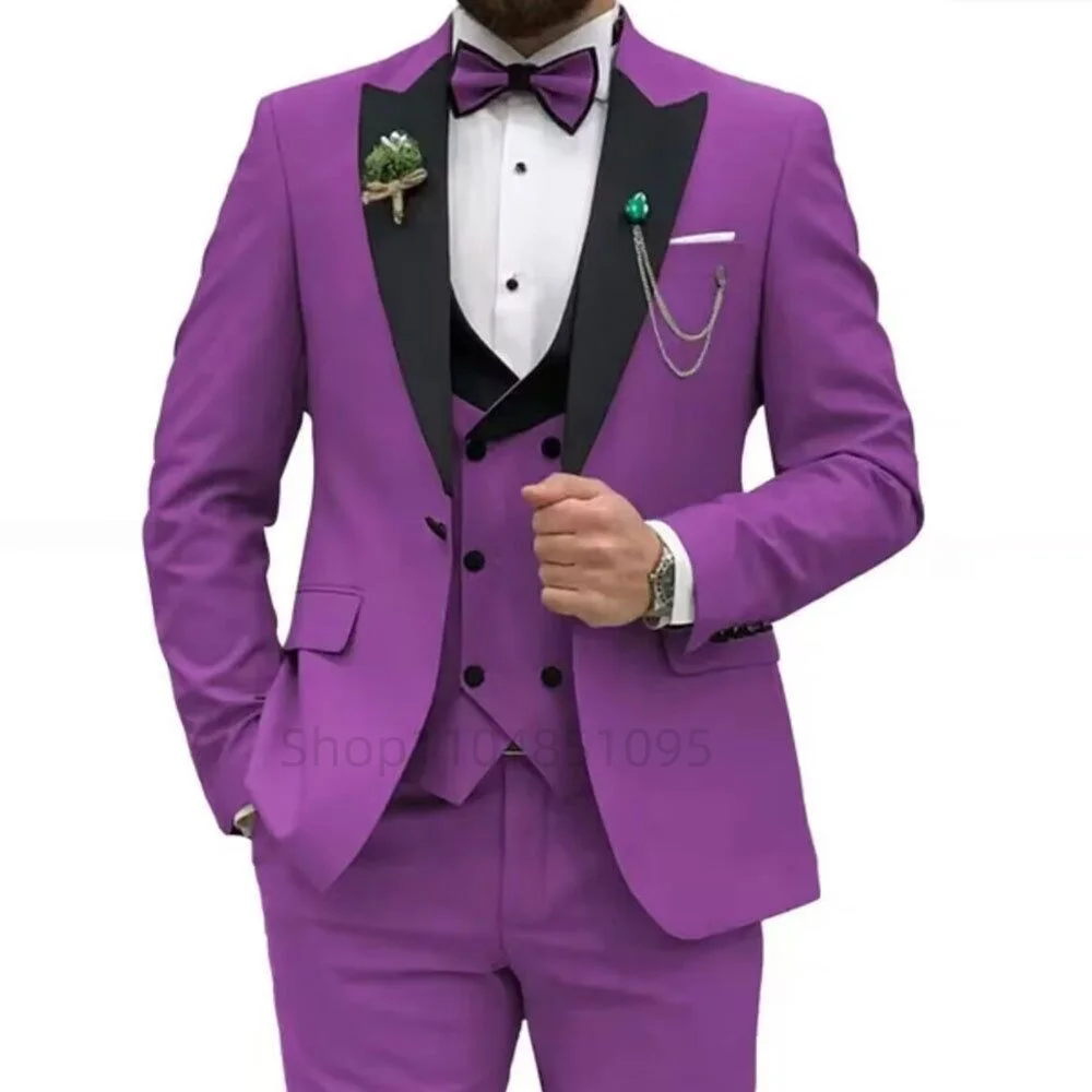 Slim Fit Men's Solid Formal Business Wedding Groom Suits 3-Piece Set Peak Lapel Single Breasted Blazer Vest Trousers Sets