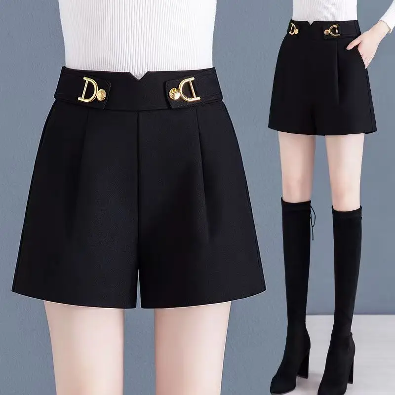 Spring New High Waist Loose Wide Leg A-line Shorts Women Solid Pockets Simple Fashion Korean Versatile Outwear Casual Suit Pants