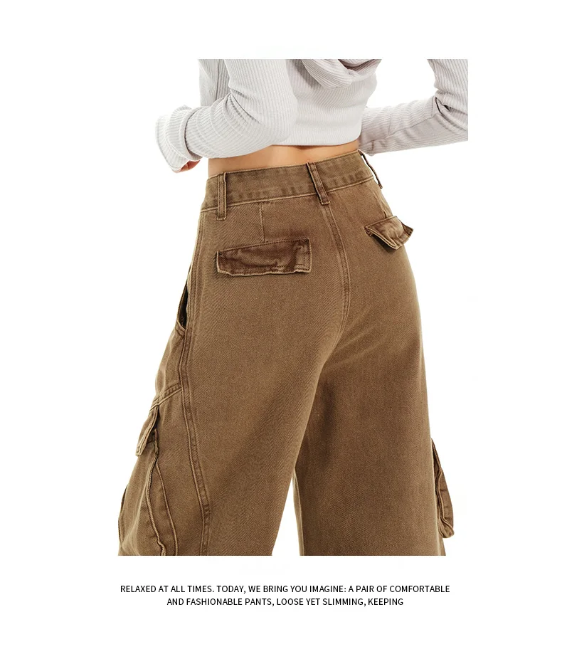 Retro Casual High Waisted Baggy Cargo Jeans Women Washed Distressed Wide Leg Pants Brown Denim Y2K Streetwear Vintage Trousers