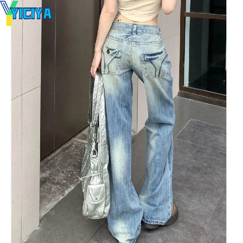 YICIYA Y2K cargo Jeans blue Jean Trousers fashion Street Clothes Retro Low waist Wide Leg Pants 2024 90s Washed pant new outfits