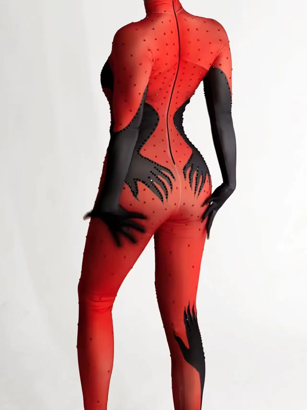 Full Red Rhinestone Jumpsuits Women Celebrate Stage Wear Drag Queen Outfit Birthday Party Costume Gloves Bodysuits Heishou
